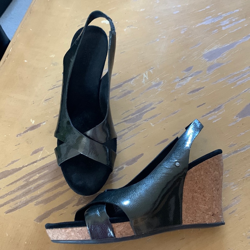 UGG Black Leather Cork Wedge Sandals
